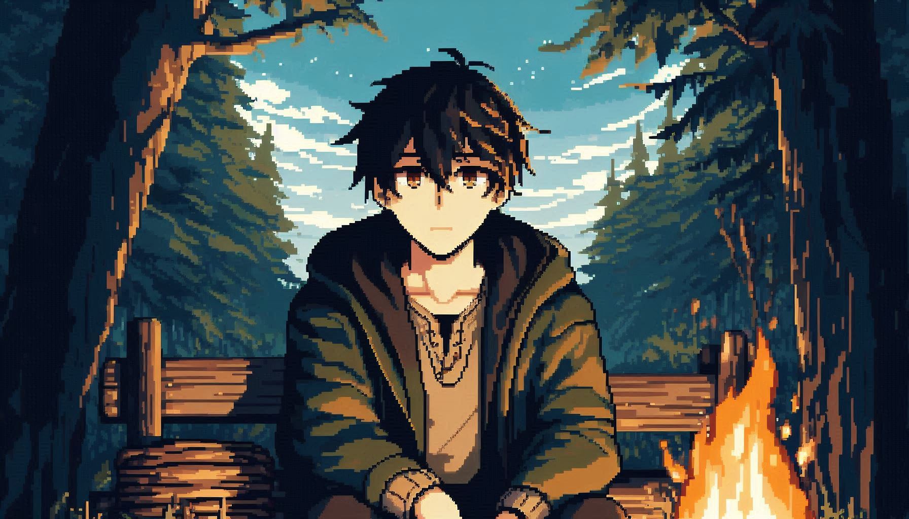 Sitting next to a campfire in the forest